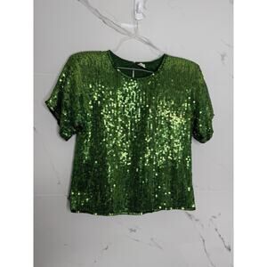 Vintage Silk Green Beaded Sequin Top Size S Petite Party christmas holiday